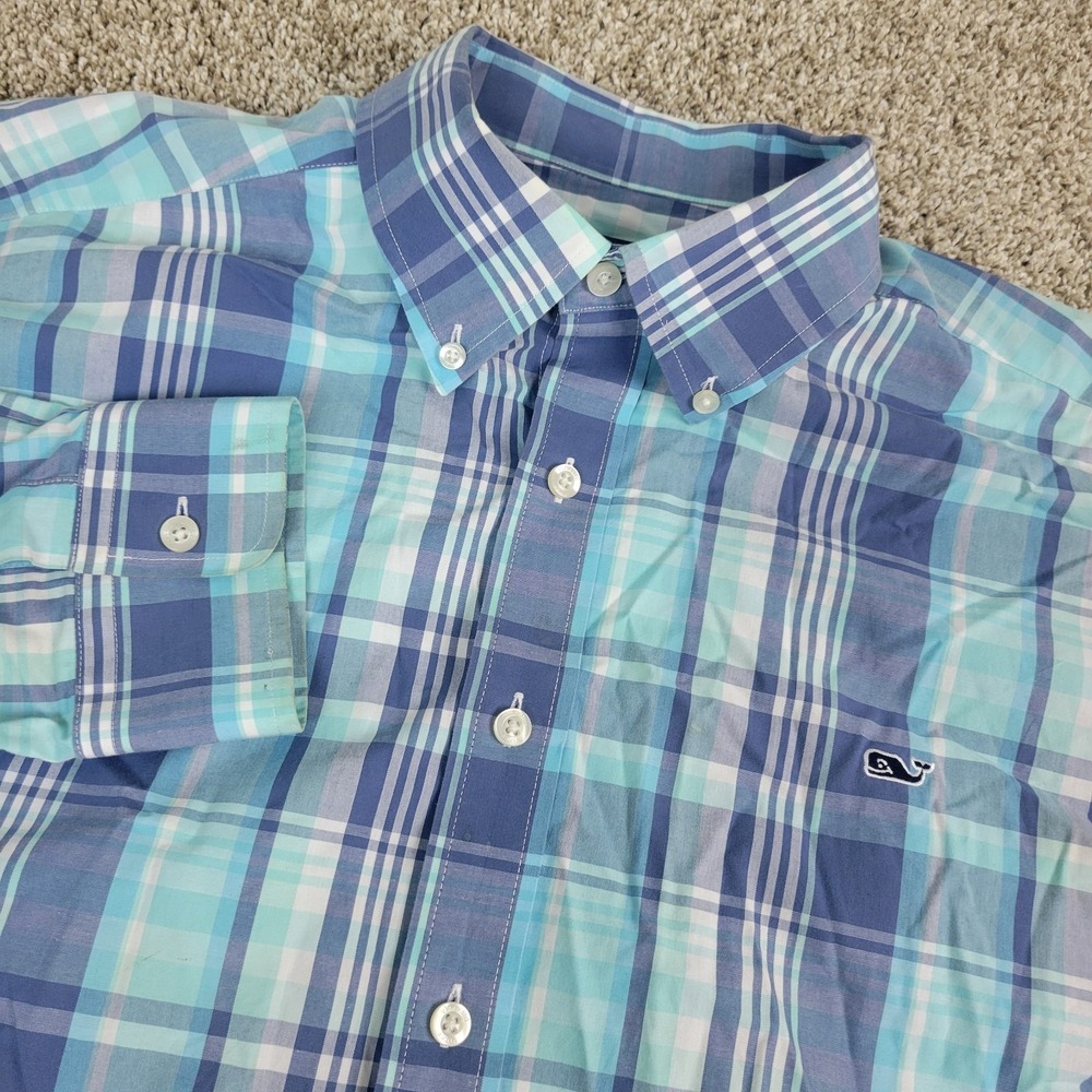 Vineyard Vines Slim Fit Whale Shirt‎ Mens XL Blue White Plaid Button Down LS